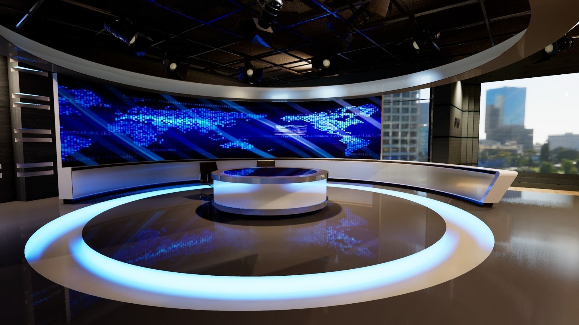 Virtual set television studio with lighting and circular table Low-poly 3D model_3