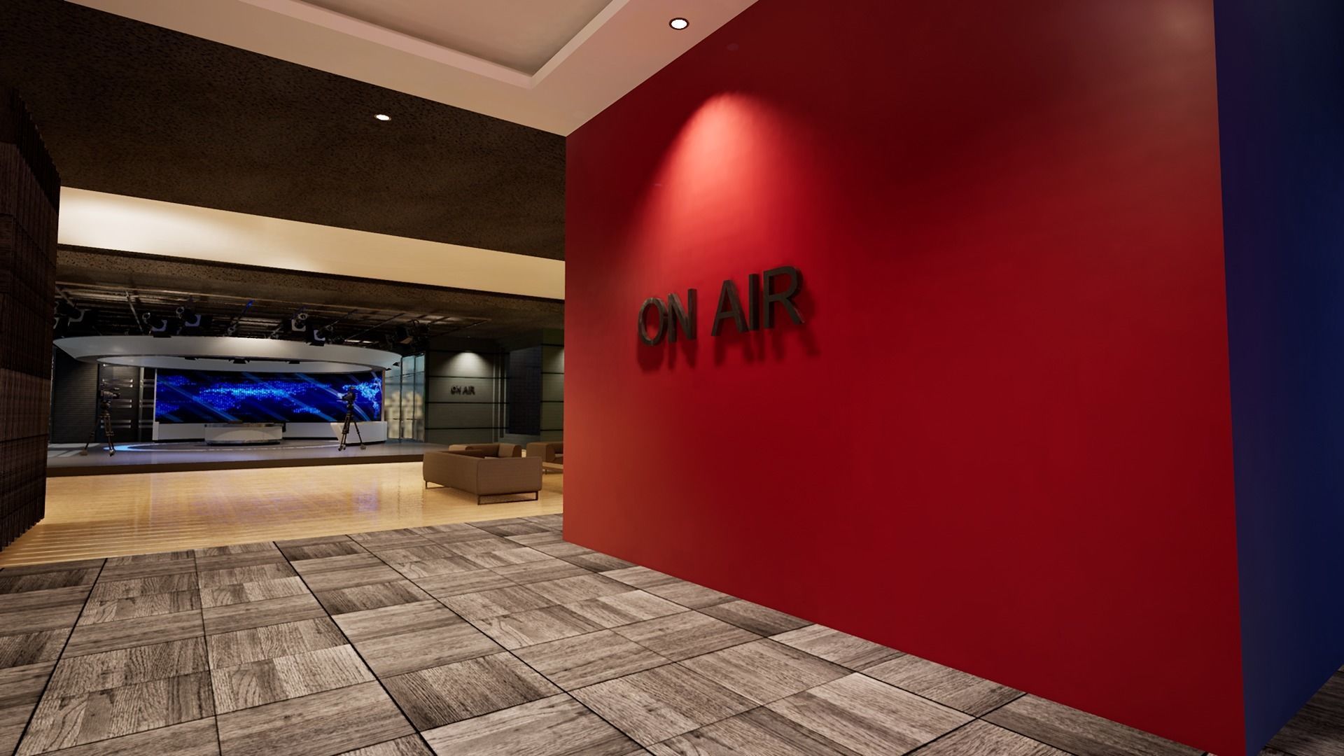 Virtual set television studio with lighting and circular table Low-poly 3D model_10