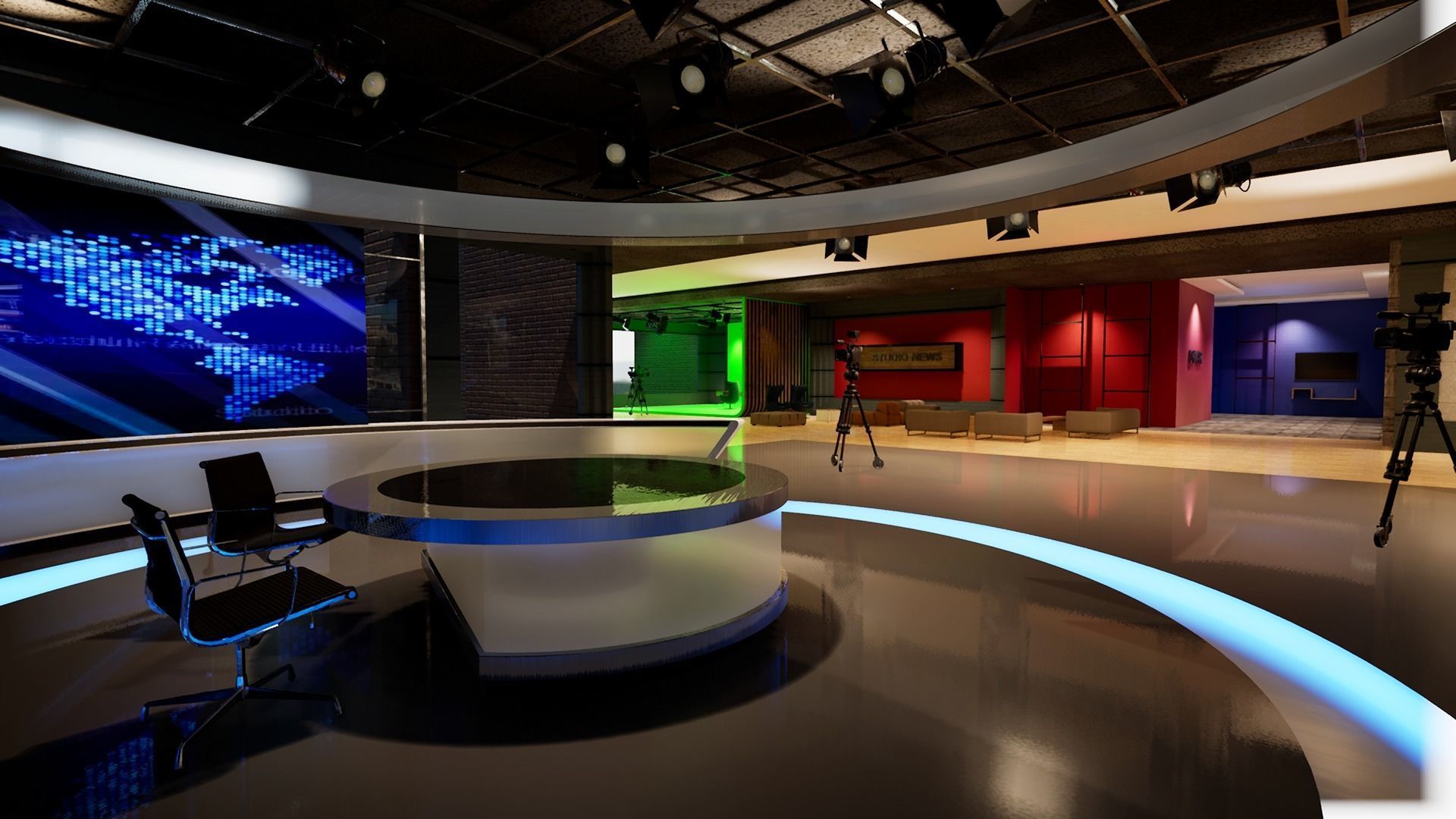Virtual set television studio with lighting and circular table Low-poly 3D model_5