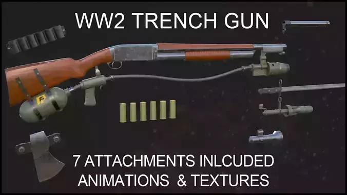 WW2 Trench Gun with Animations and Attachments Low-poly 3D model