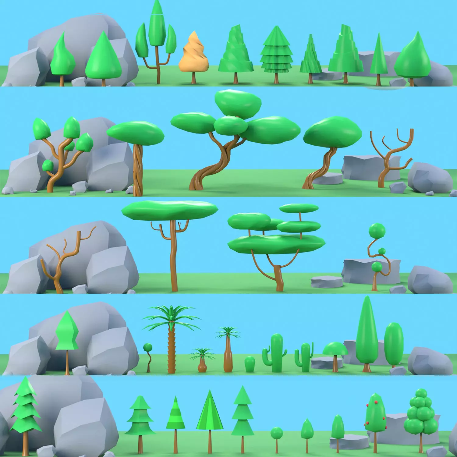 Trees Plants rocks low poly Free low-poly 3D model