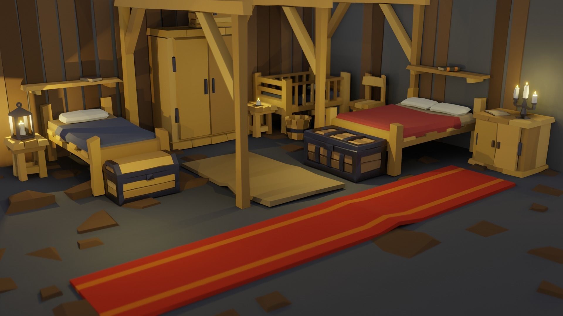 Low-Poly Pack 1 room with wooden furniture Low-poly 3D model_4