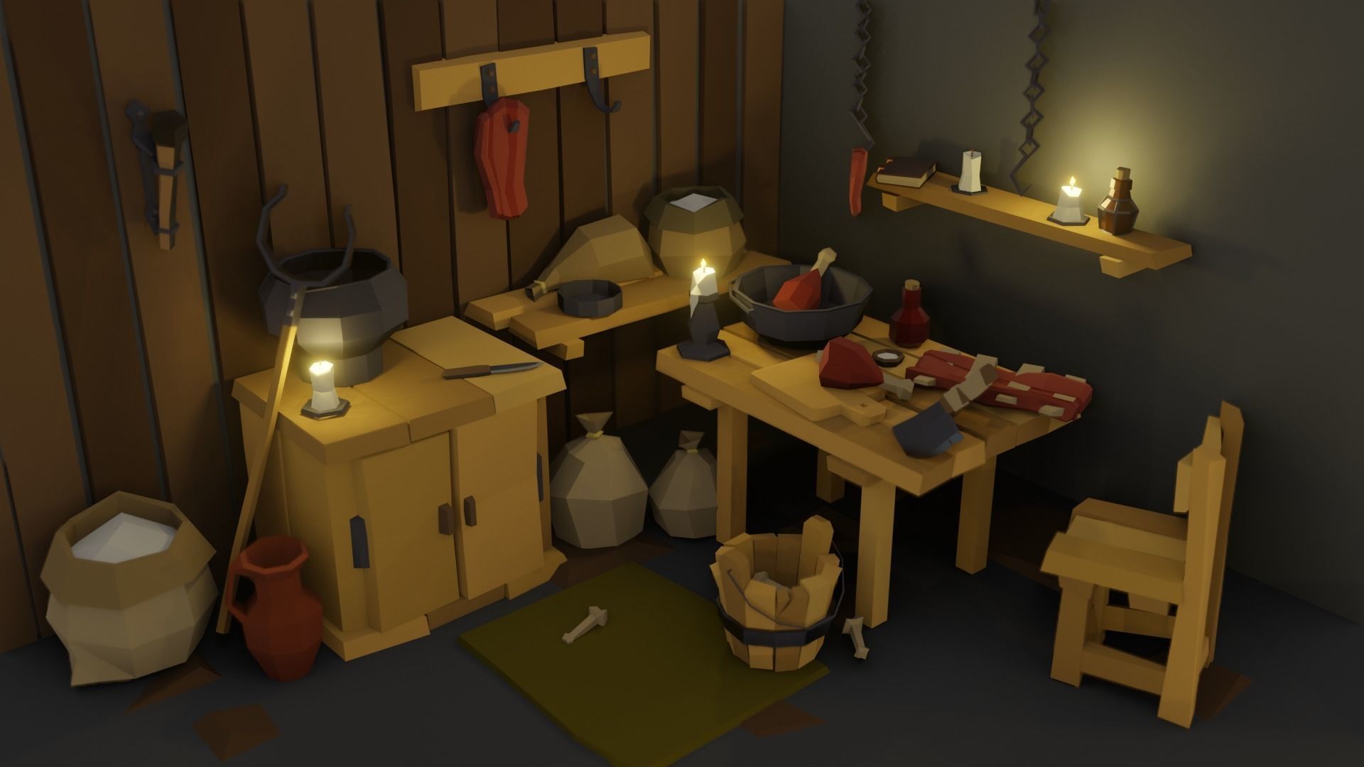 Low-Poly Pack 1 room with wooden furniture Low-poly 3D model_1
