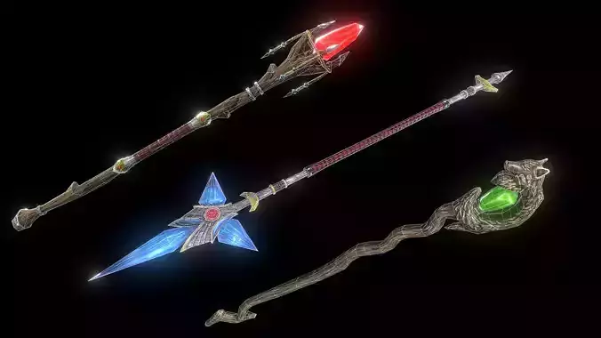 Stylized staffs - magic wands Low-poly 3D model
