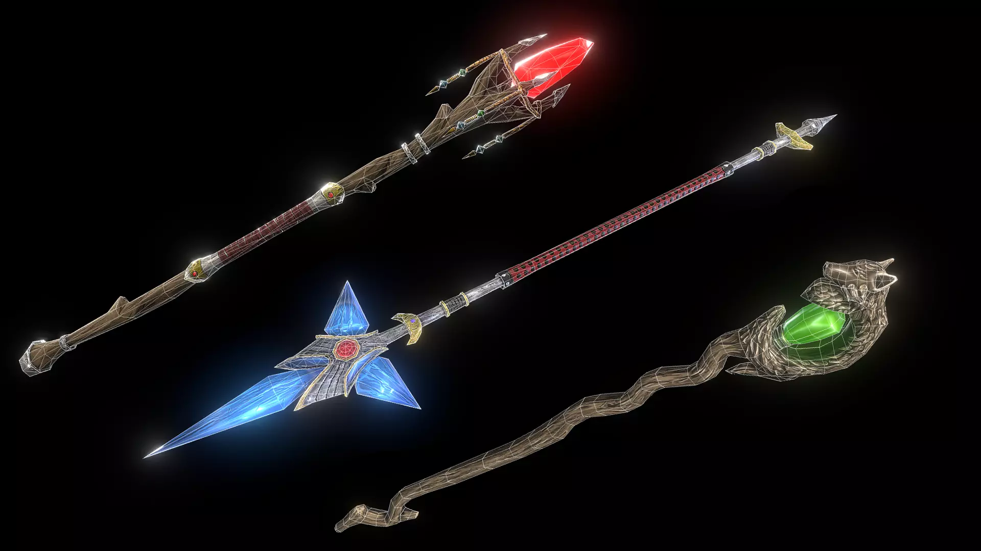 Stylized staffs - magic wands Low-poly 3D model_0