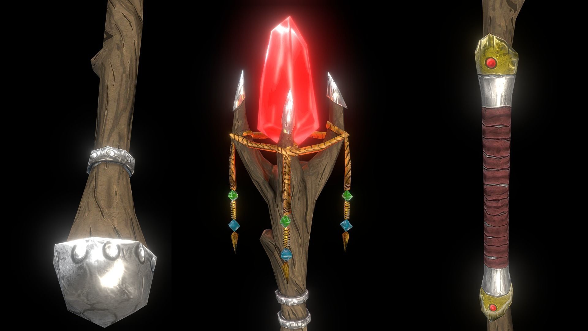 Stylized staffs - magic wands Low-poly 3D model_3