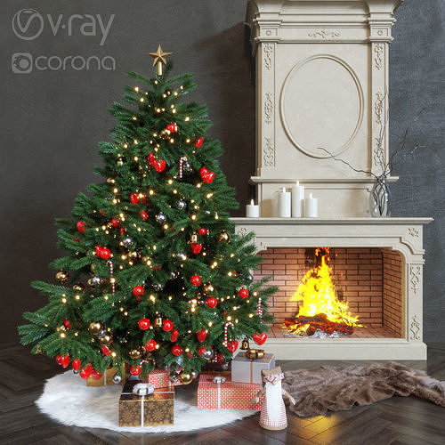 New Year live tree and fireplace 3D model
