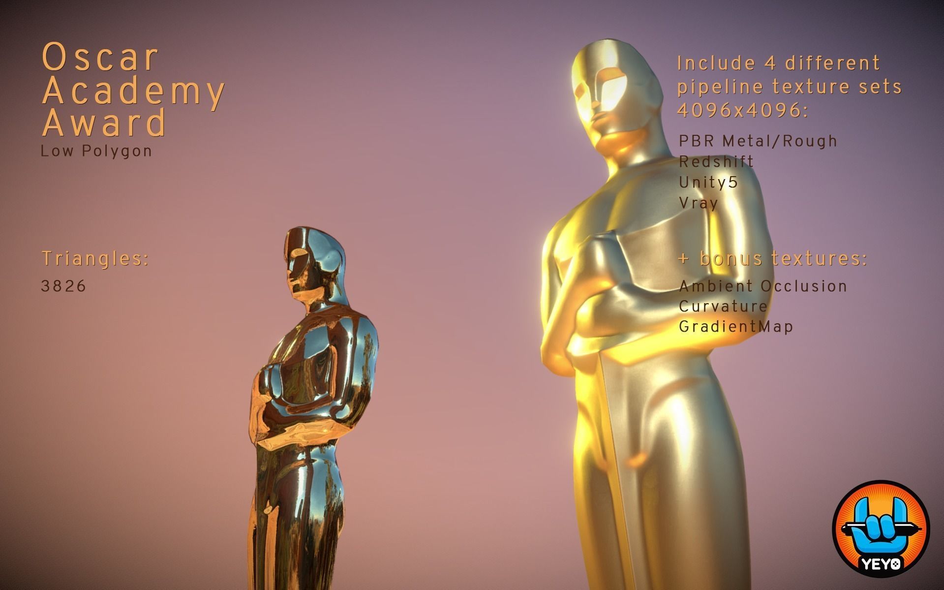 Oscar Academy Award - PBR Game Ready Oscars Low-poly 3D model_5