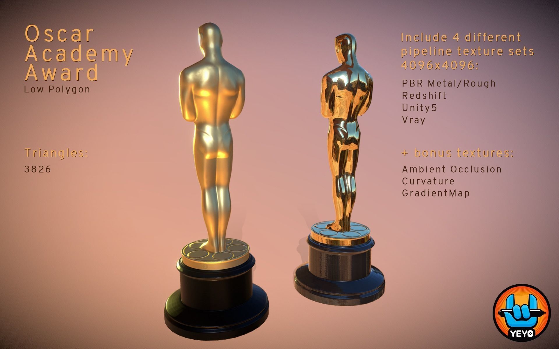 Oscar Academy Award - PBR Game Ready Oscars Low-poly 3D model_1
