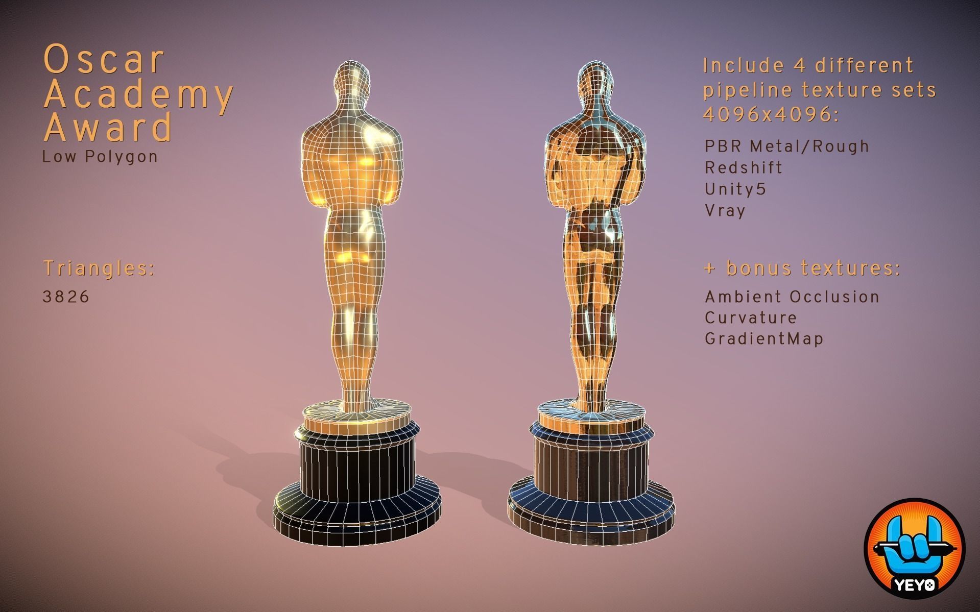 Oscar Academy Award - PBR Game Ready Oscars Low-poly 3D model_4