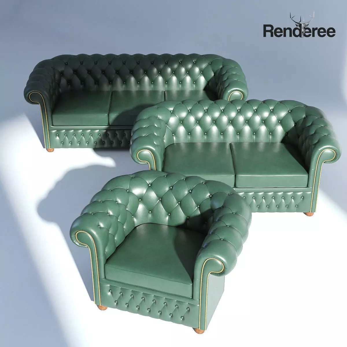 Chesterfiled Sofa Set Green 3D model_0