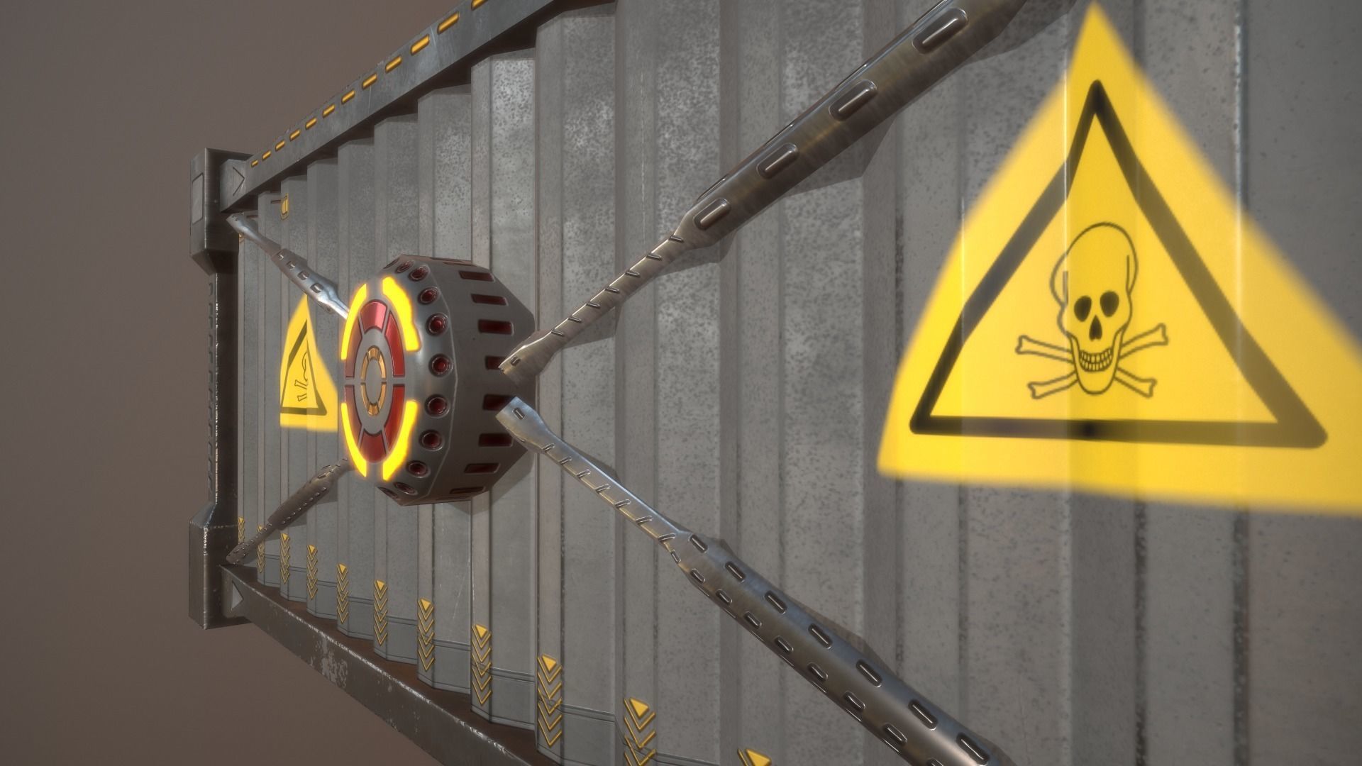 contener metal gate with warning sign Low-poly 3D model_7