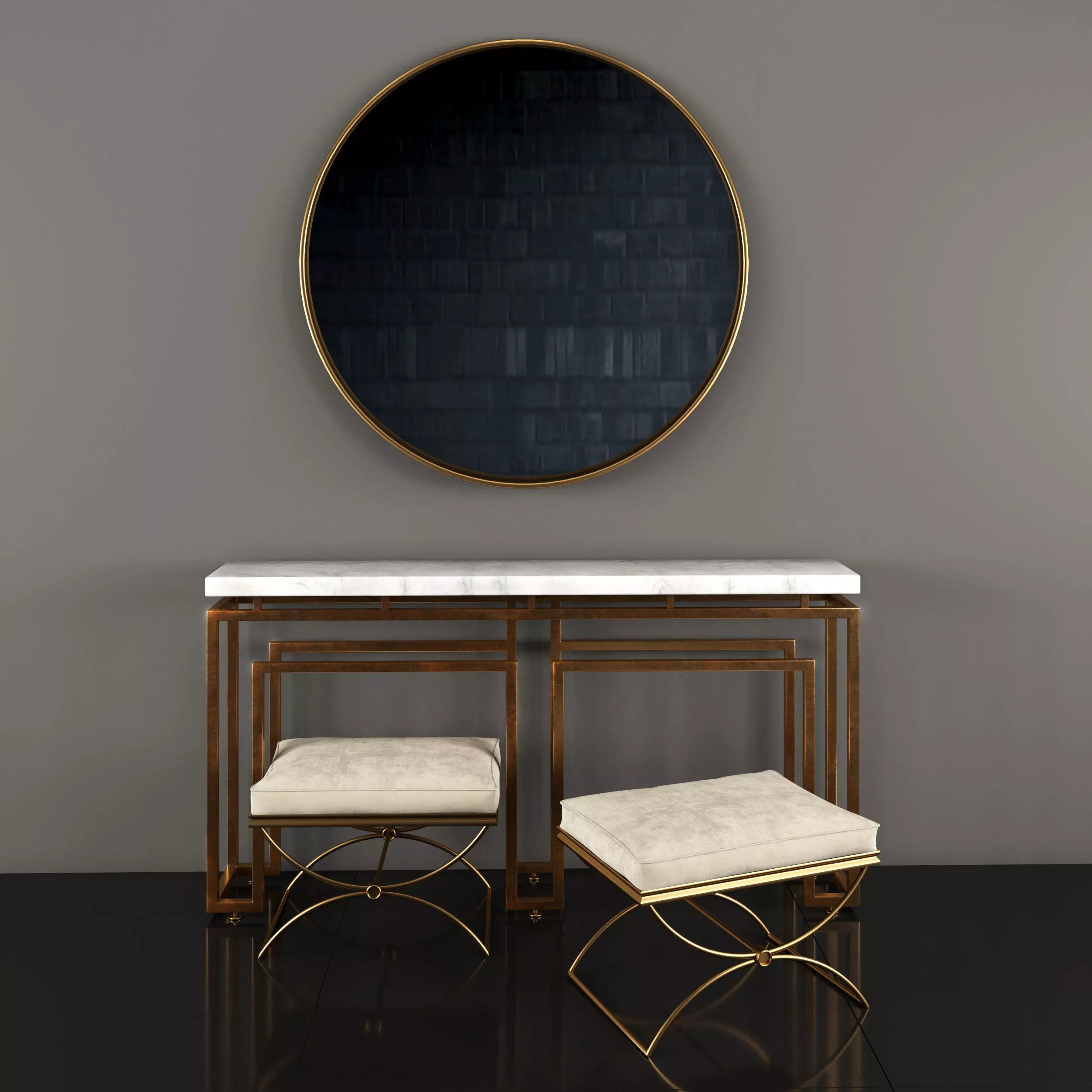 Console01 console table with two stools and round mirror 3D model_0
