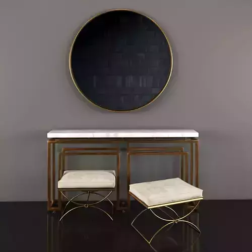 Console01 console table with two stools and round mirror