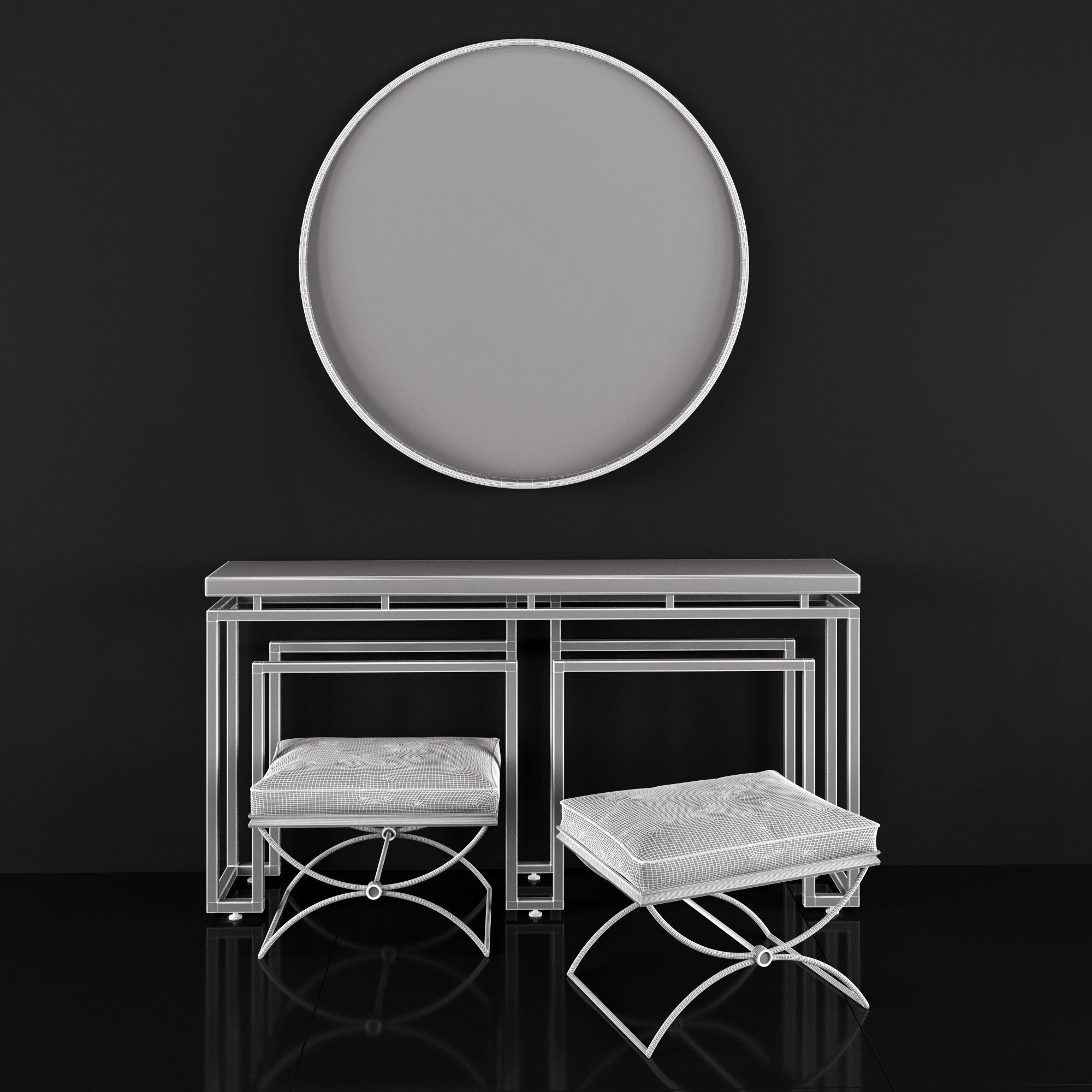 Console01 console table with two stools and round mirror 3D model_1