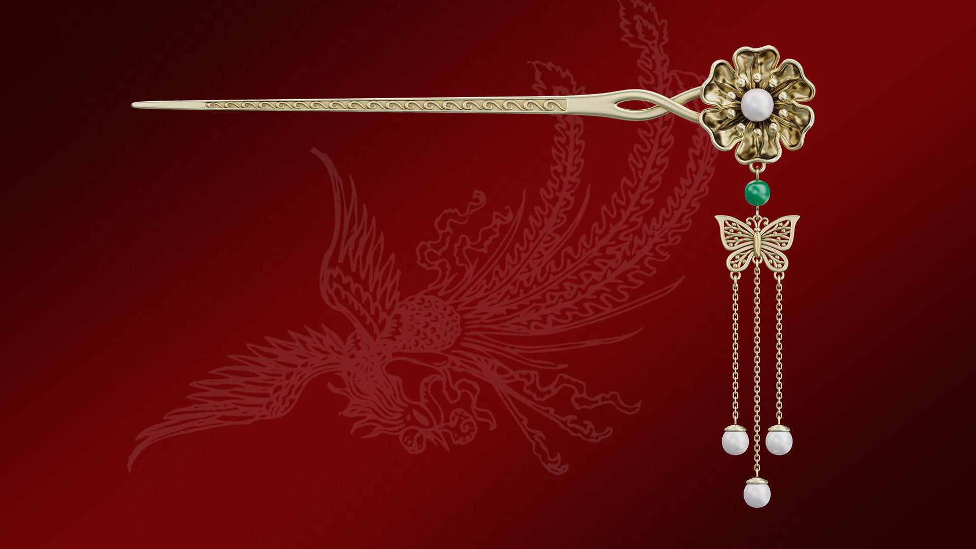 Chinese Traditional Flower Golden Hairstick-Hair Pin-Accessories Low-poly 3D model_2