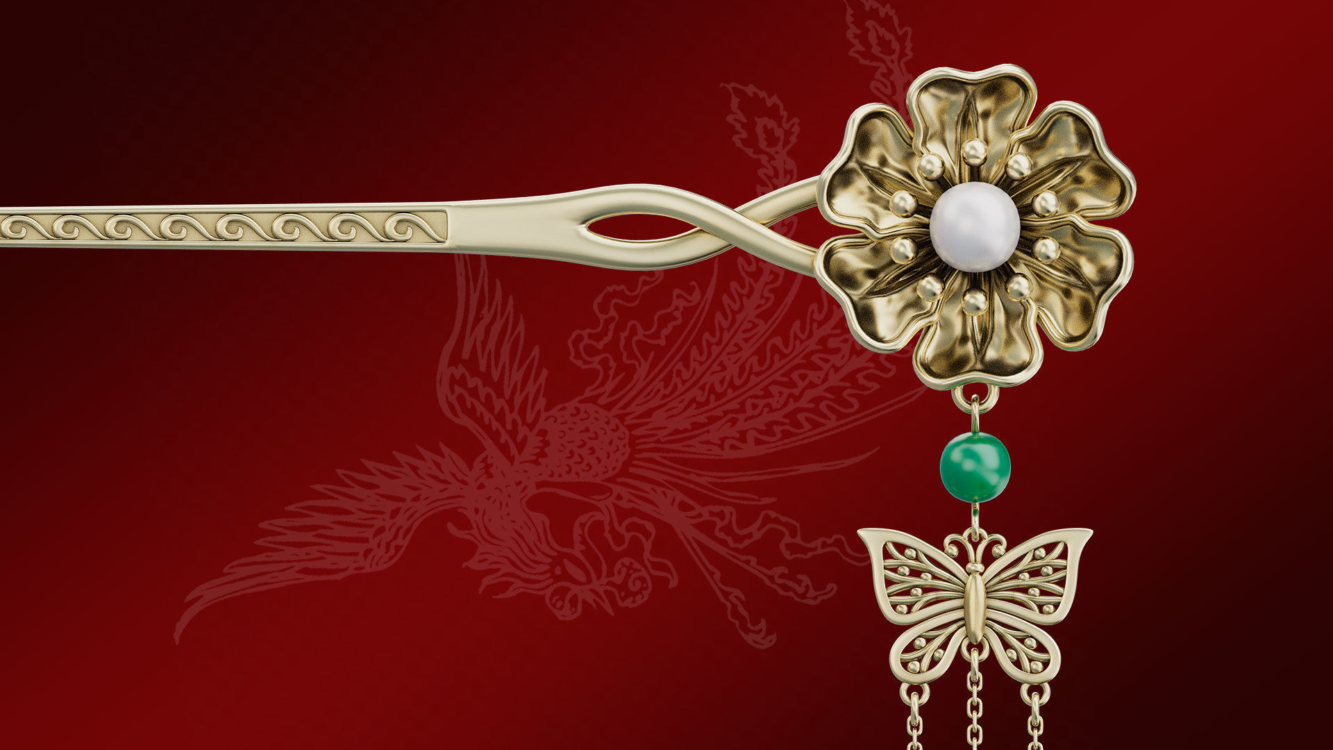 Chinese Traditional Flower Golden Hairstick-Hair Pin-Accessories Low-poly 3D model_3