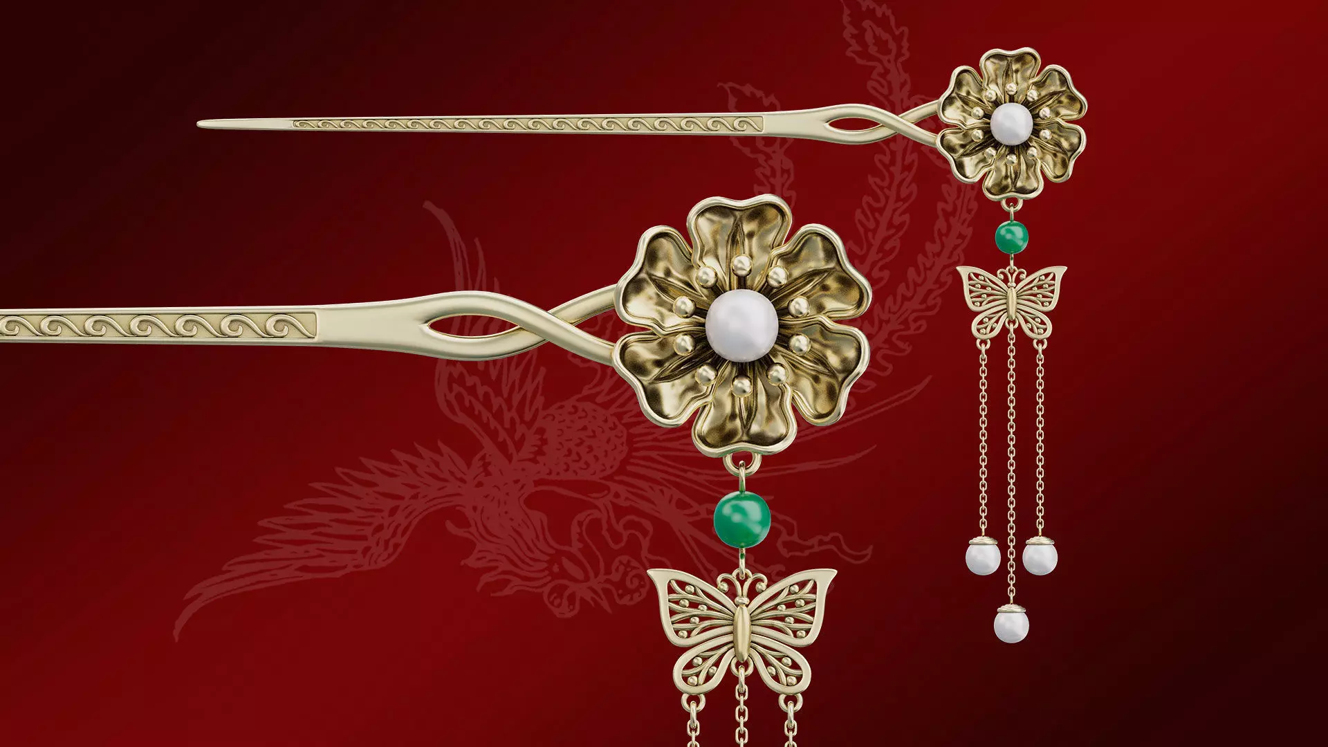 Chinese Traditional Flower Golden Hairstick-Hair Pin-Accessories Low-poly 3D model_0