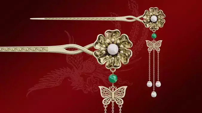 Chinese Traditional Flower Golden Hairstick-Hair Pin-Accessories Low-poly 3D model