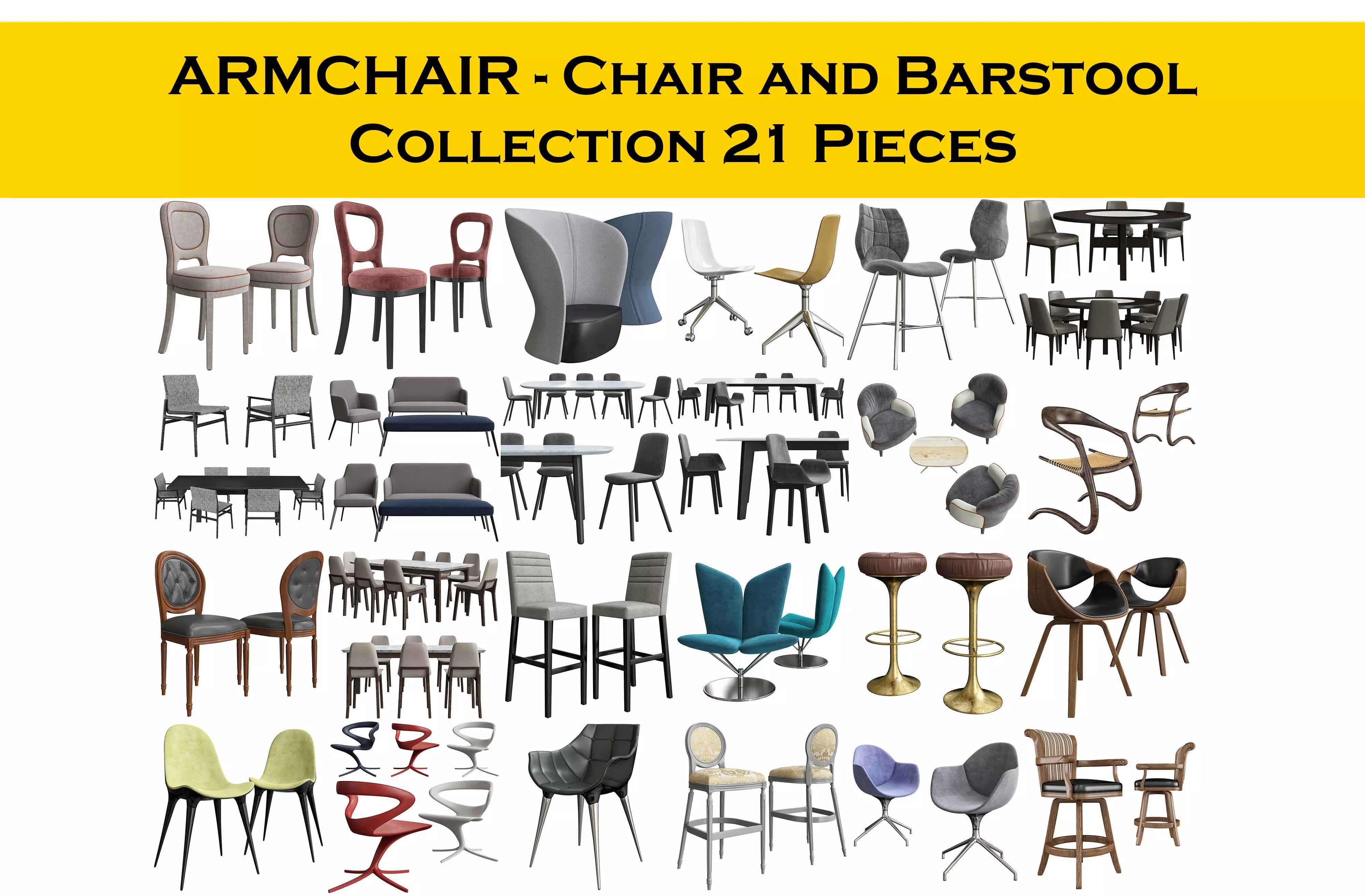 Chair - armchair and Barstool Collection 24 pieces 3d model 3D model_0