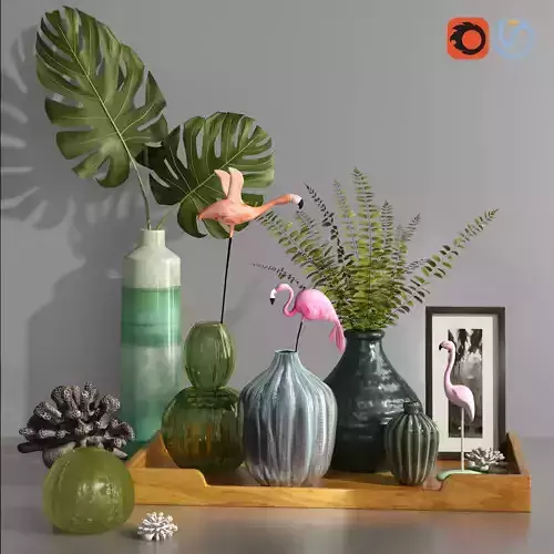 Decorative set tropical vases and flying flamingo  3D model
