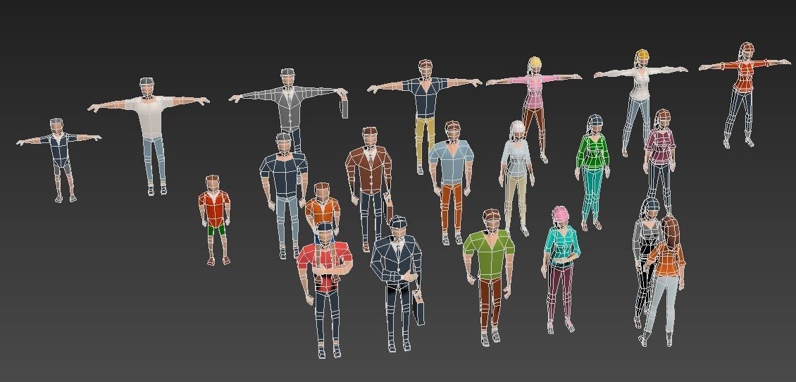 People lowpoly set group of in shape of f Low-poly 3D model_3