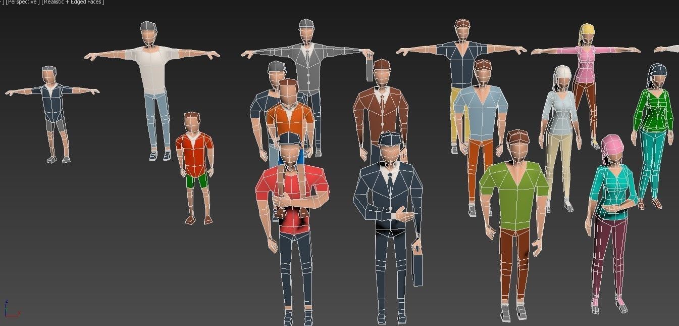People lowpoly set group of in shape of f Low-poly 3D model_1