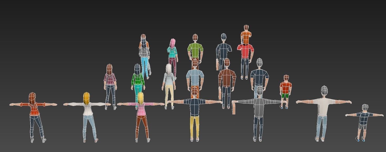 People lowpoly set group of in shape of f Low-poly 3D model_2