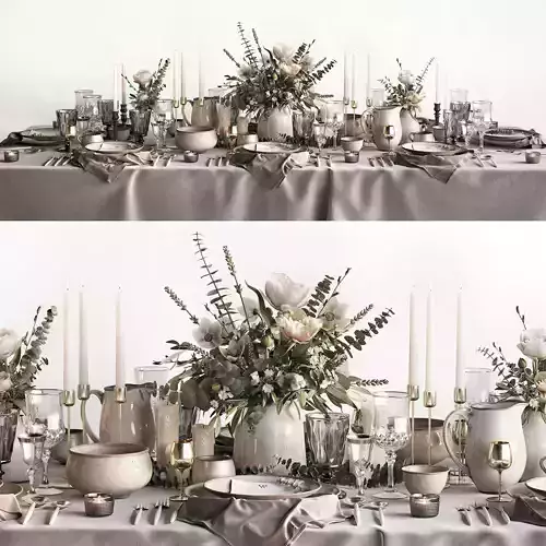 Tableware Set 2 table with silverware and flowers 3D model