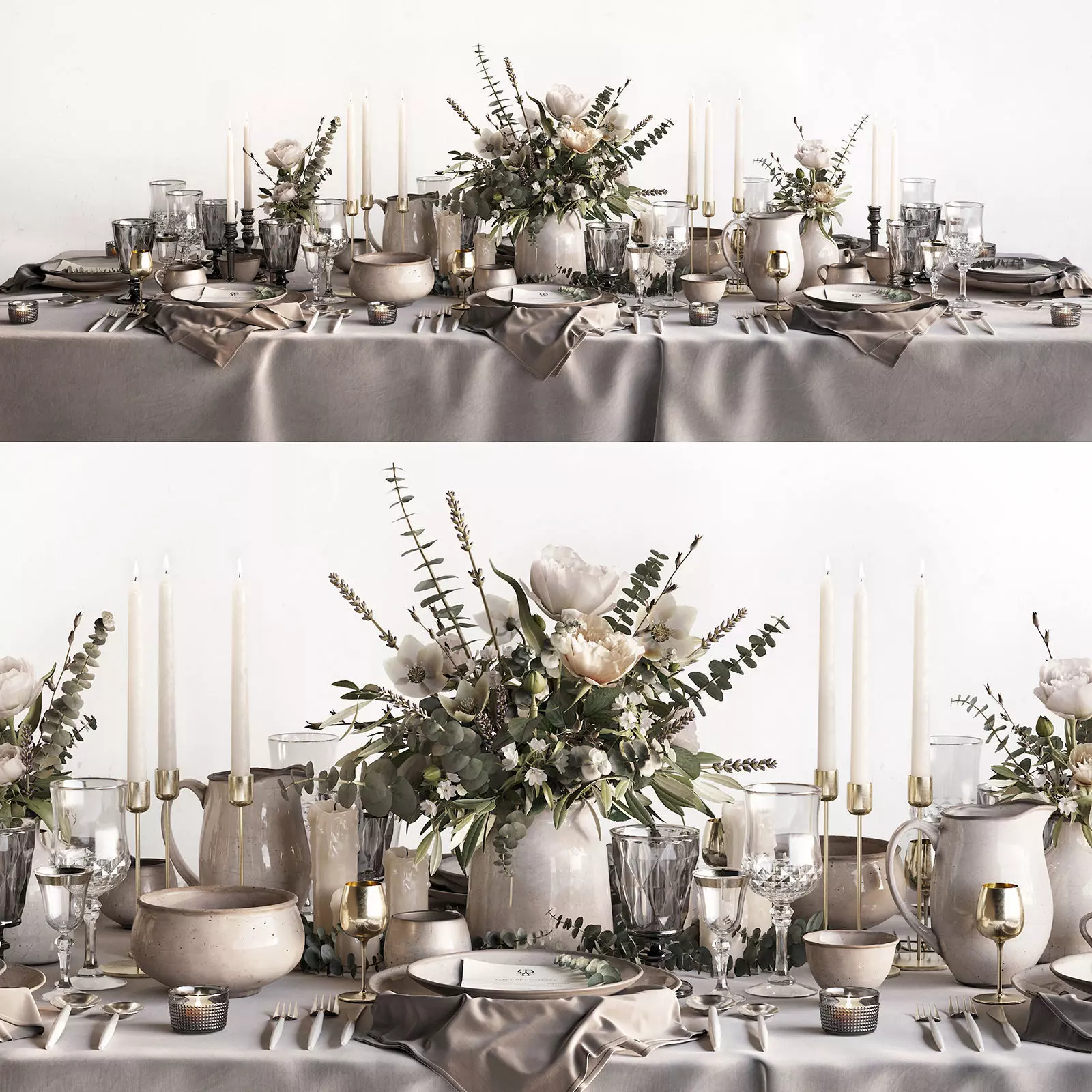 Tableware Set 2 table with silverware and flowers 3D model_0