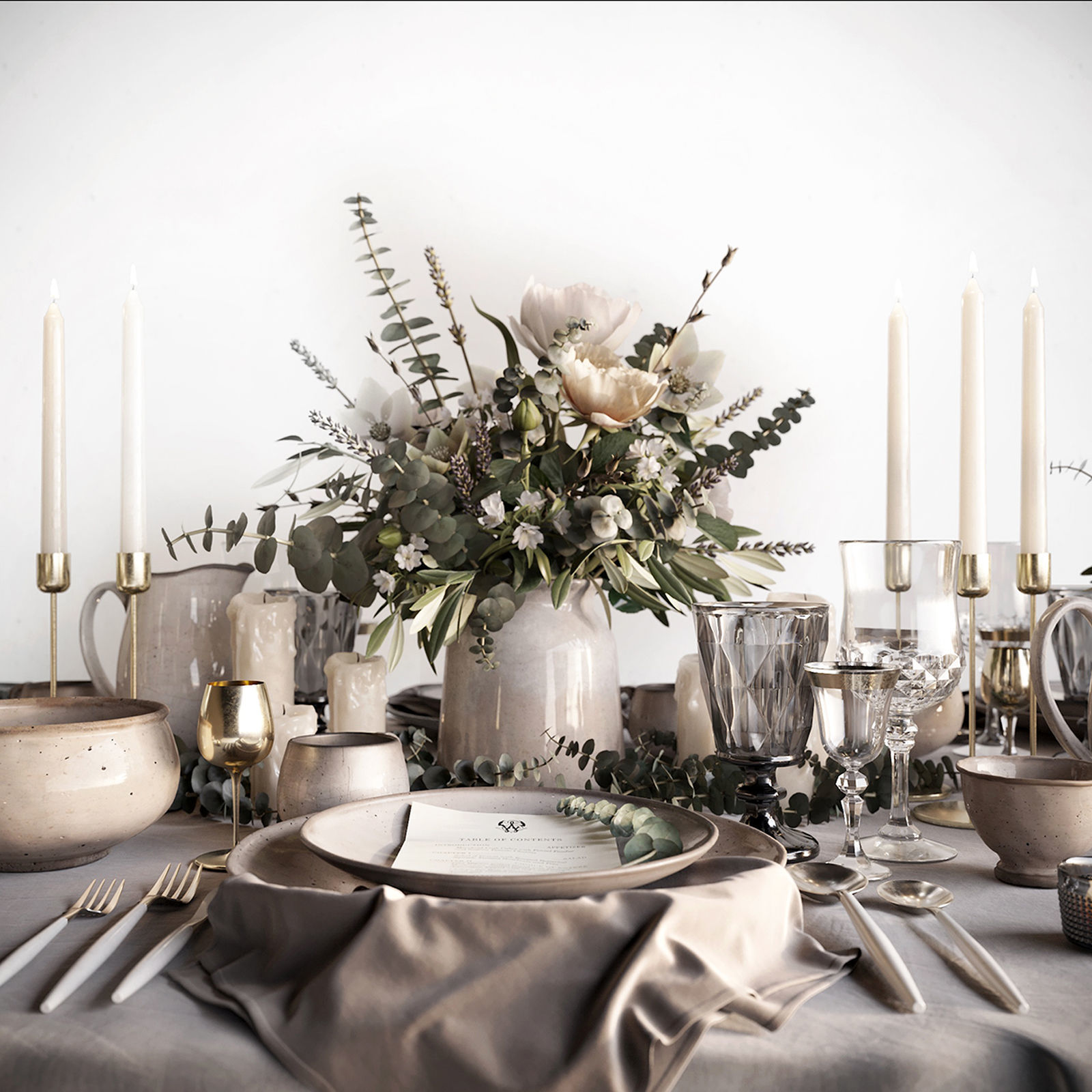 Tableware Set 2 table with silverware and flowers 3D model_4