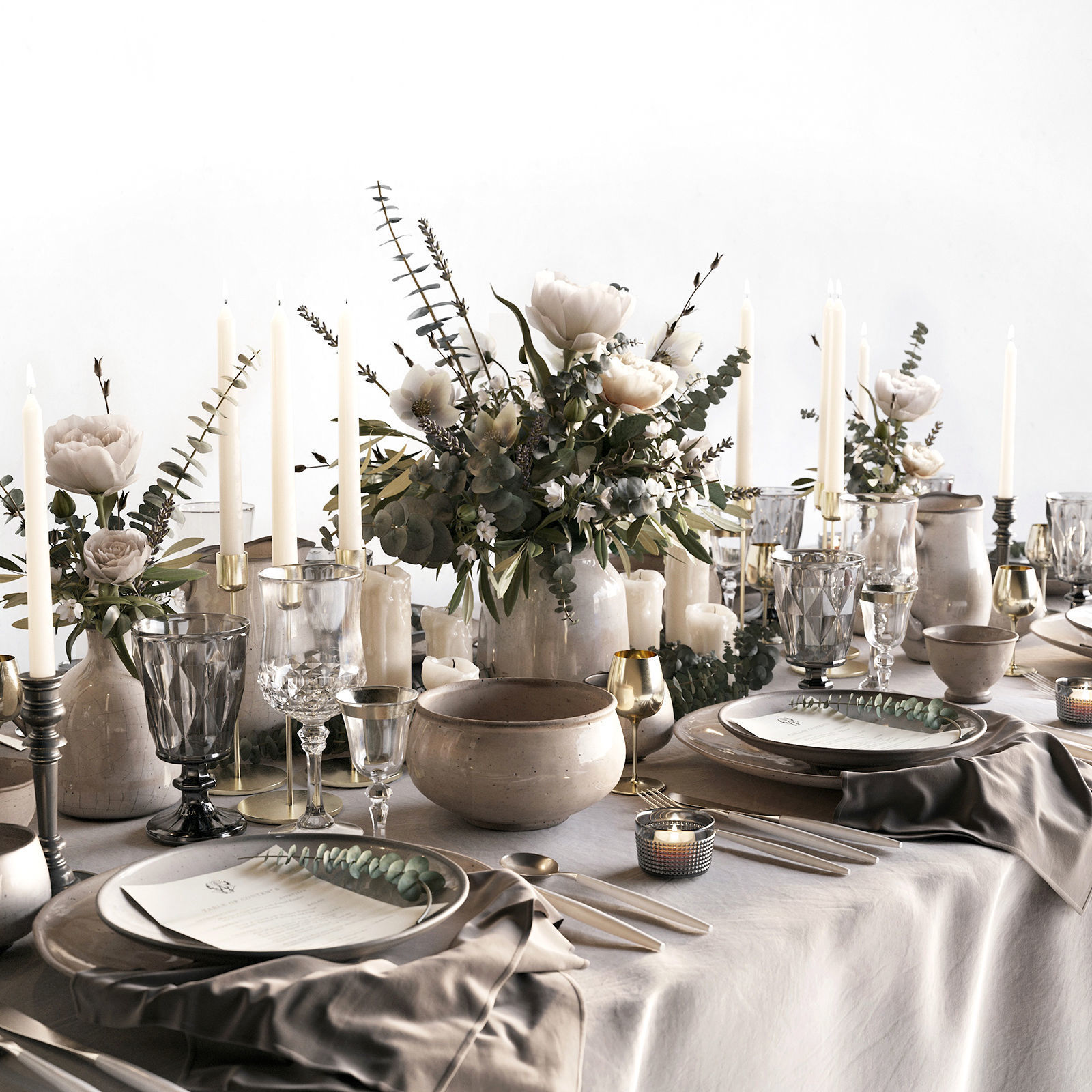 Tableware Set 2 table with silverware and flowers 3D model_3