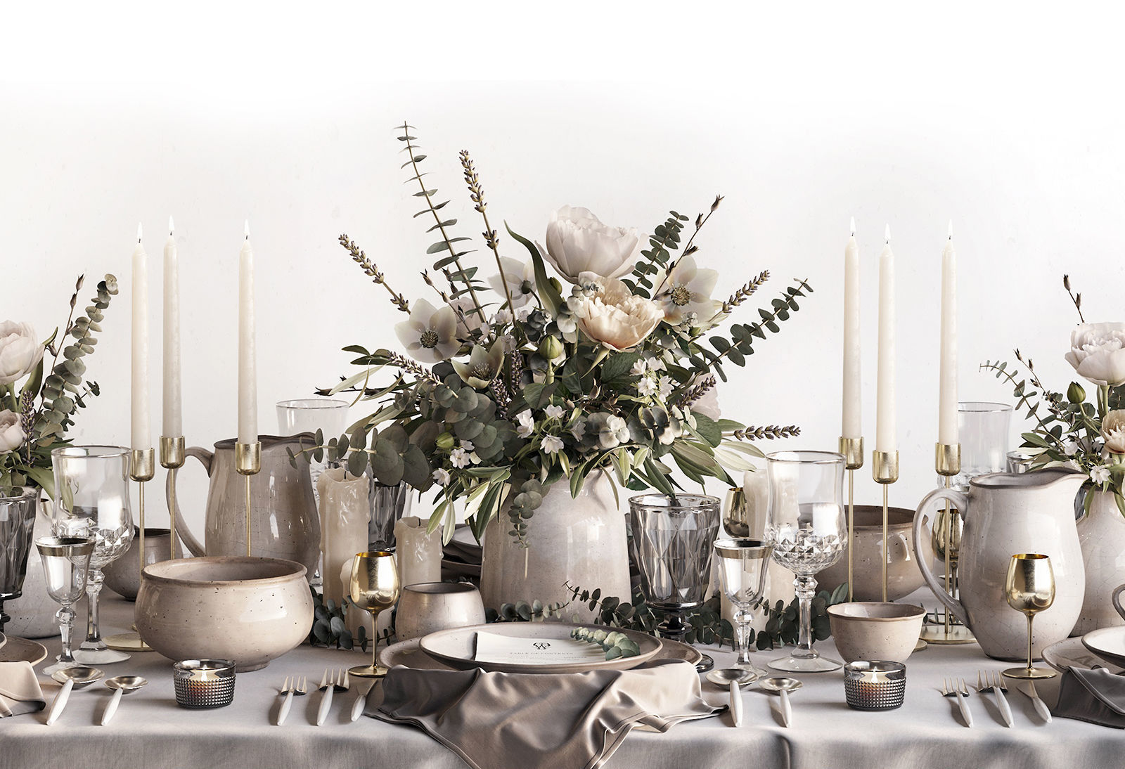 Tableware Set 2 table with silverware and flowers 3D model_2