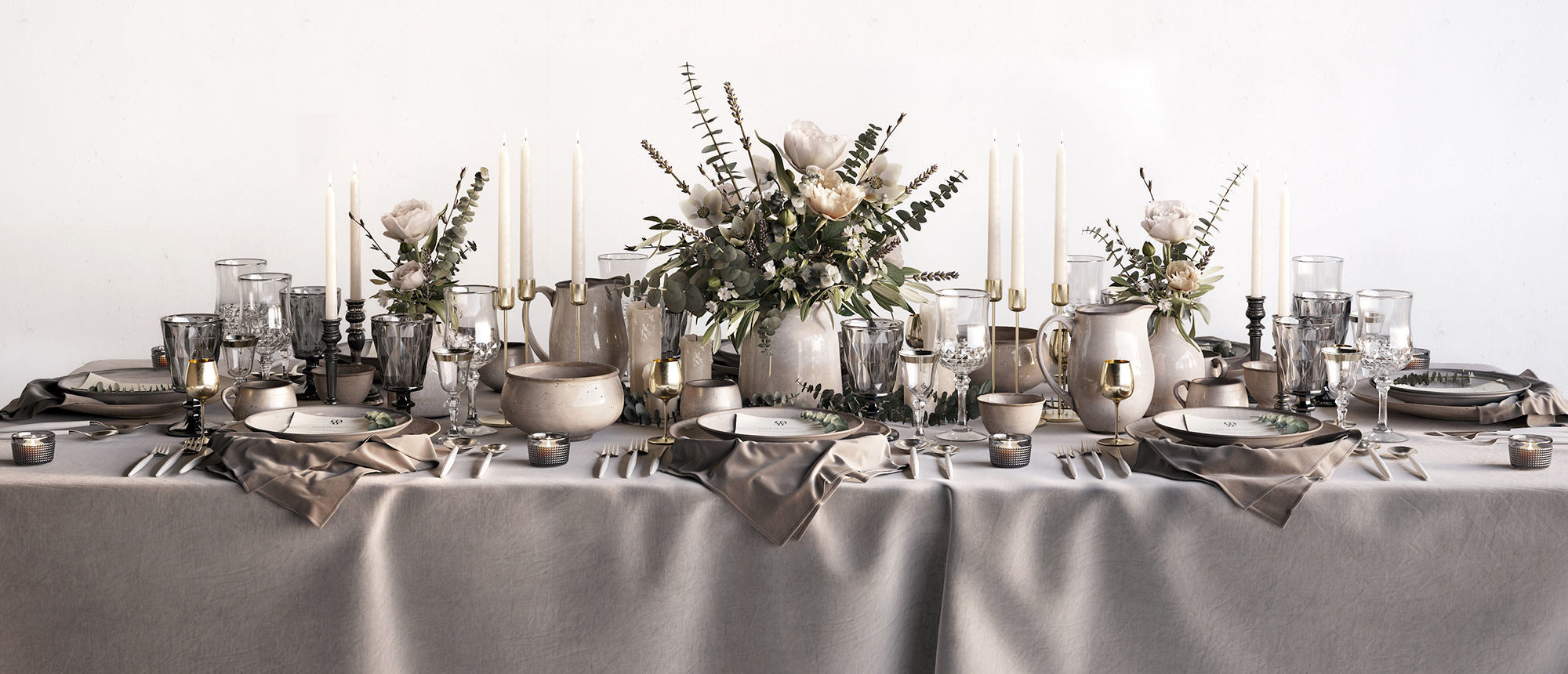 Tableware Set 2 table with silverware and flowers 3D model_1