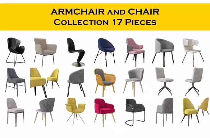 Chair and Armchair Collection 17 pieeces 3d model