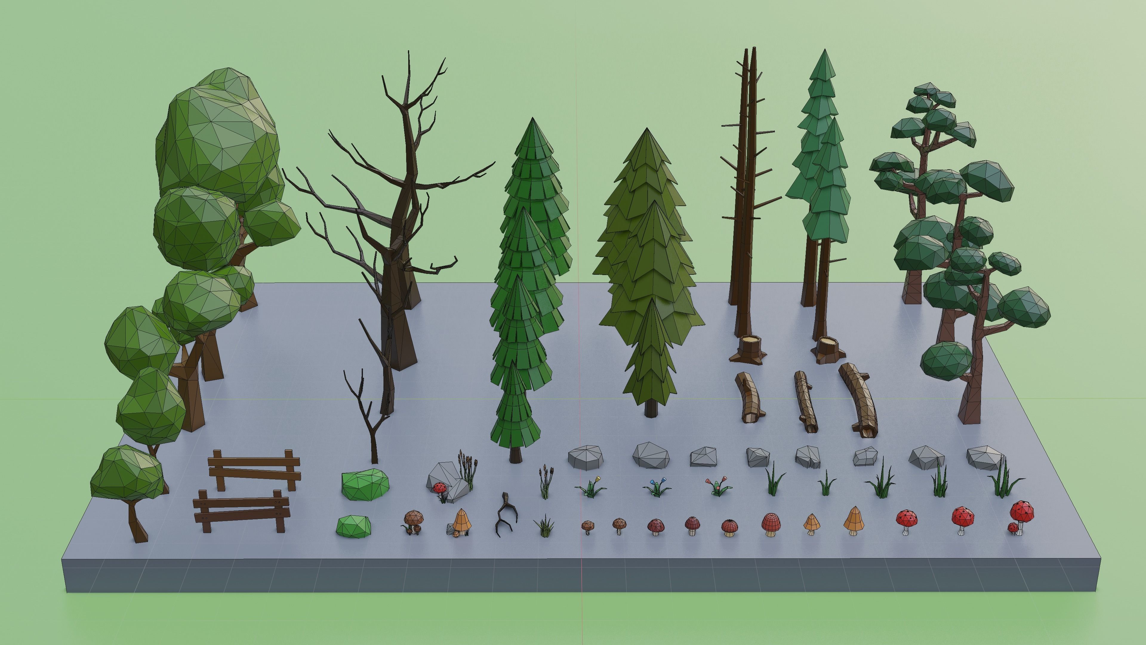Low Poly Trees Grass and Rocks Low-poly 3D model_8