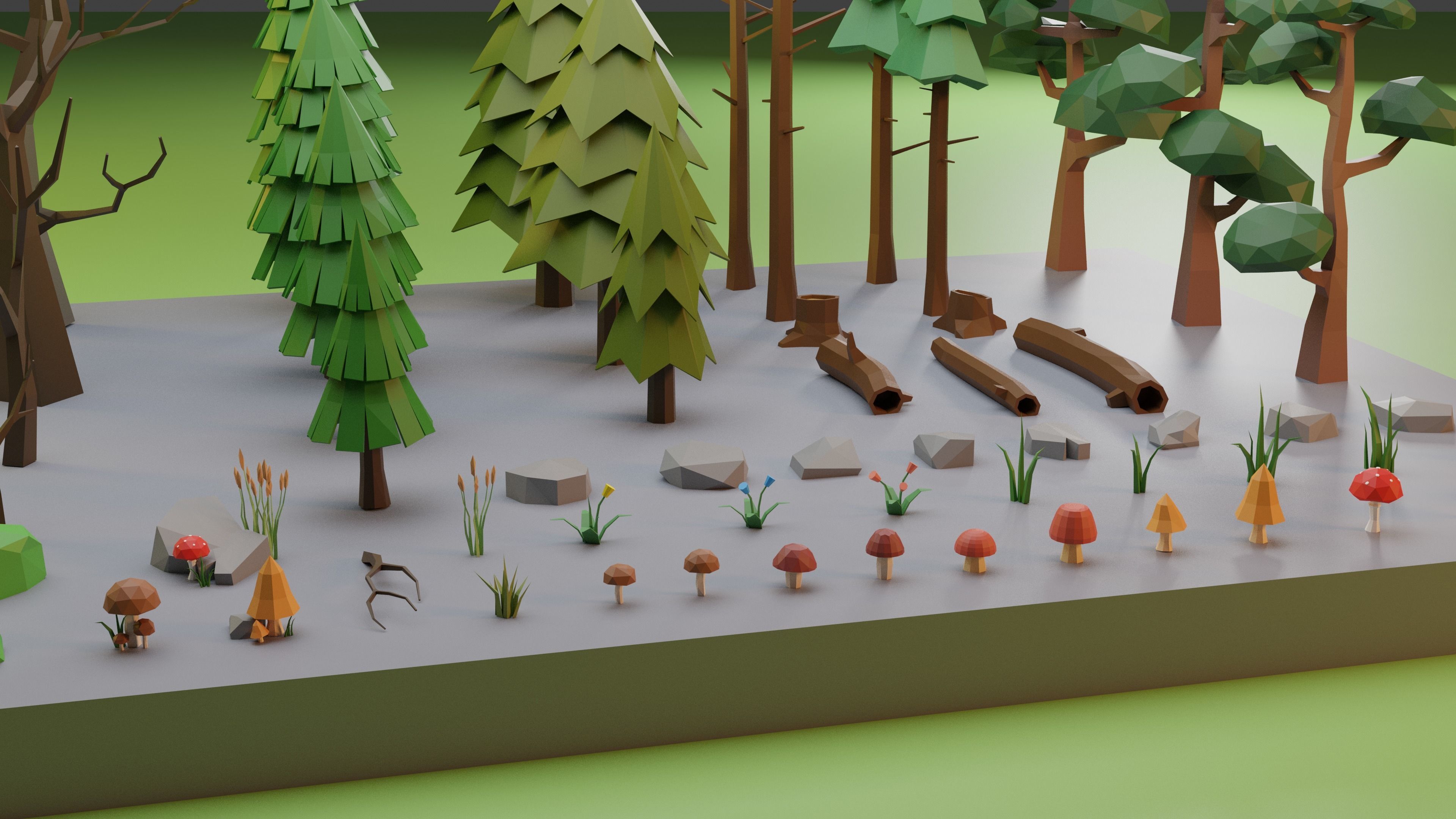Low Poly Trees Grass and Rocks Low-poly 3D model_2