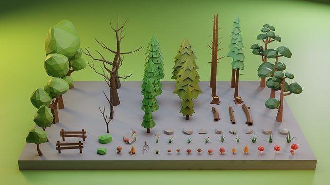 Low Poly Trees Grass and Rocks Low-poly 3D model