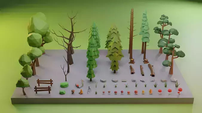 Low Poly Trees Grass and Rocks Low-poly 3D model
