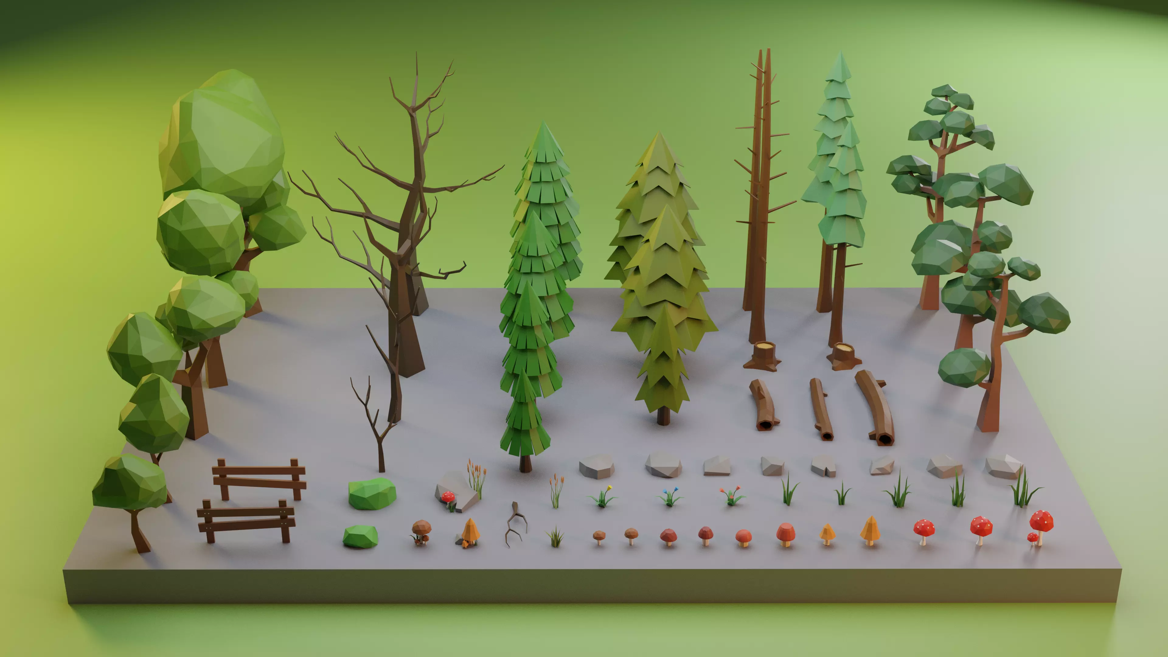 Low Poly Trees Grass and Rocks Low-poly 3D model_0