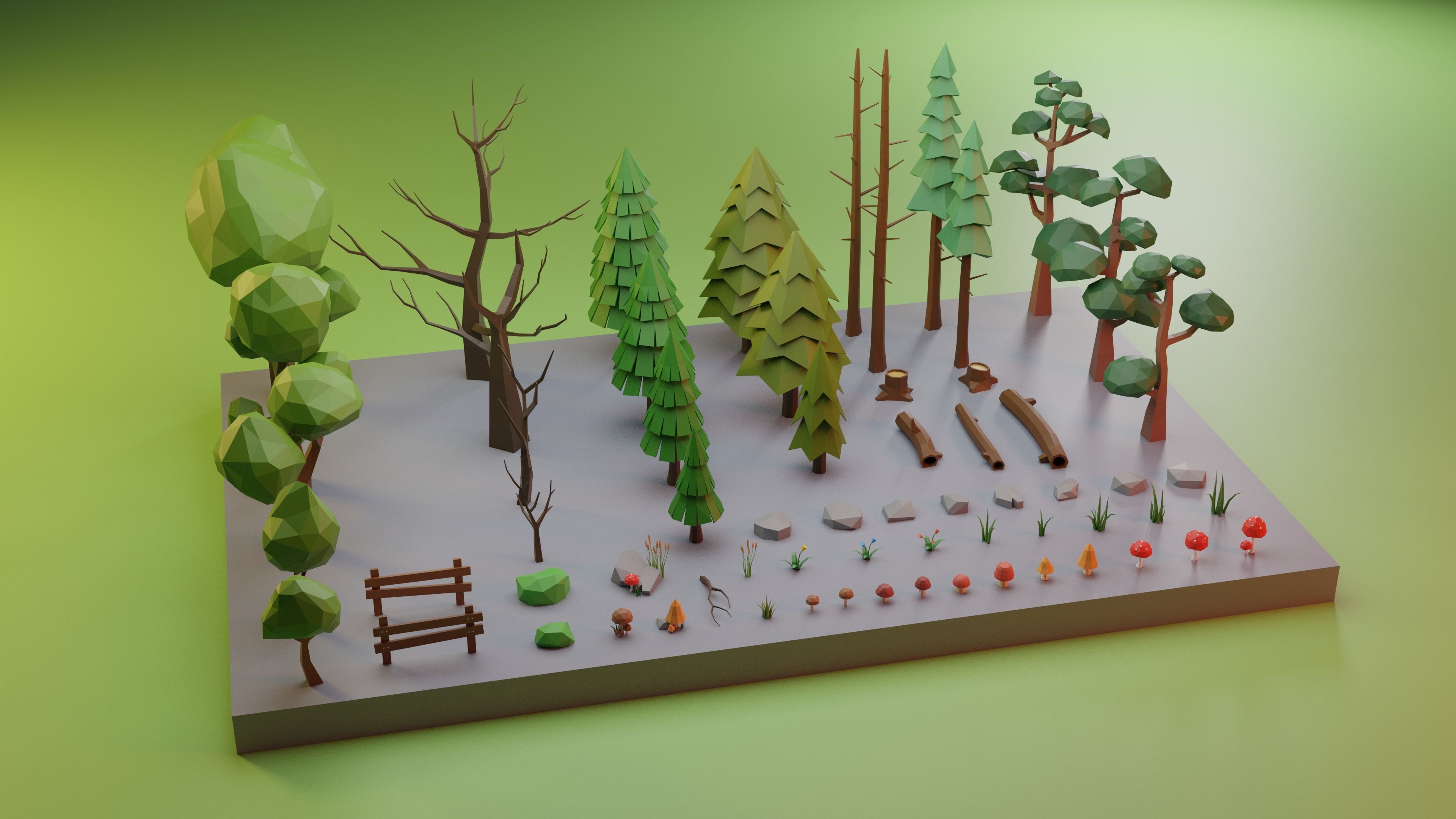 Low Poly Trees Grass and Rocks Low-poly 3D model_1