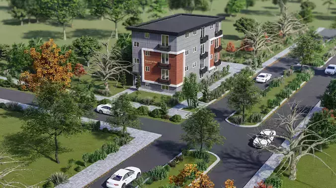 Appartment building exterior design modeling and rendering 3D model
