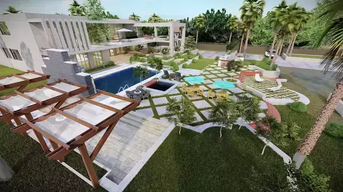 Luxury Farm house design visualization water pool 3D model