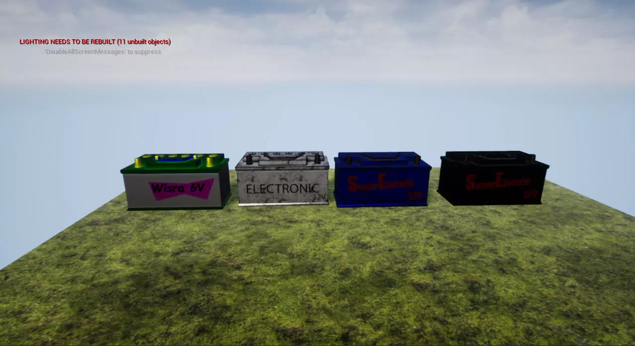Accumulator four different colored boxes on grassy field Low-poly 3D model_0