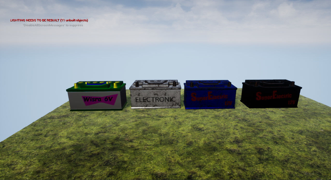 Accumulator four different colored boxes on grassy field Low-poly 3D model_1