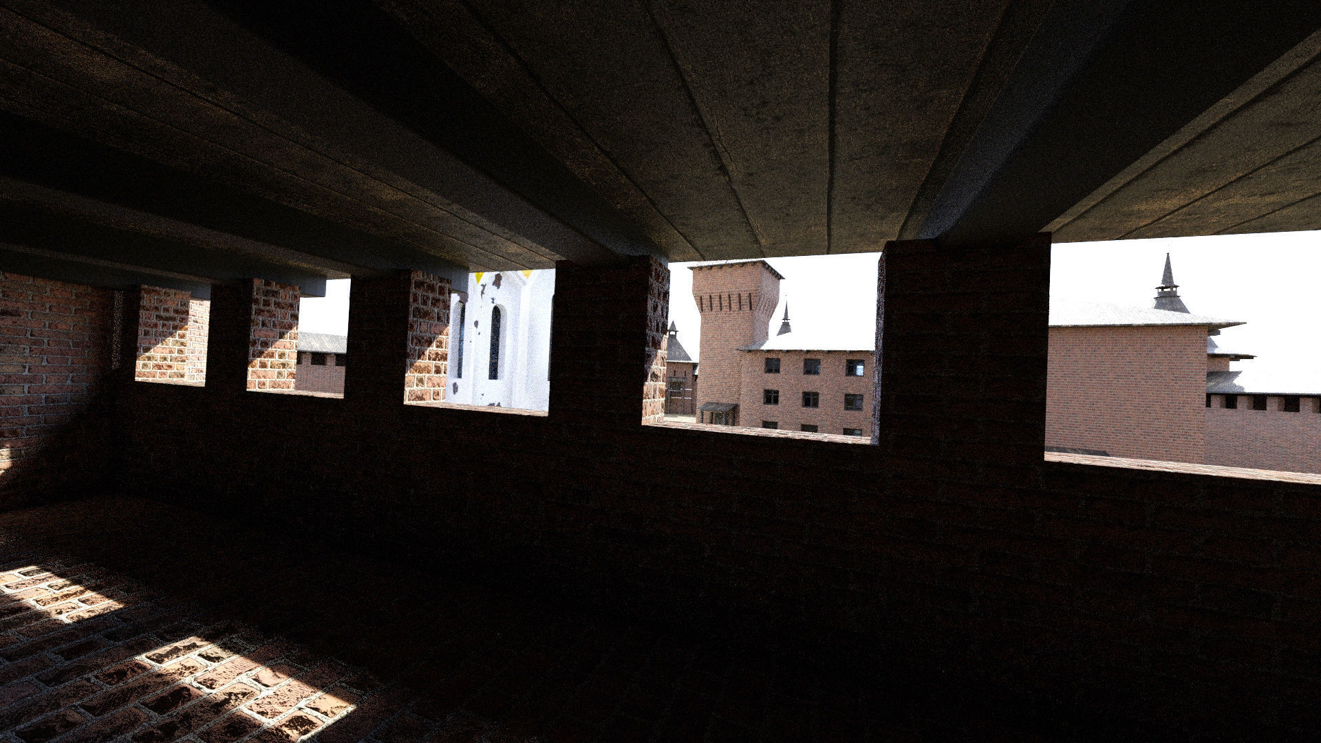 Fortress brick castle in middle of field Low-poly 3D model_9