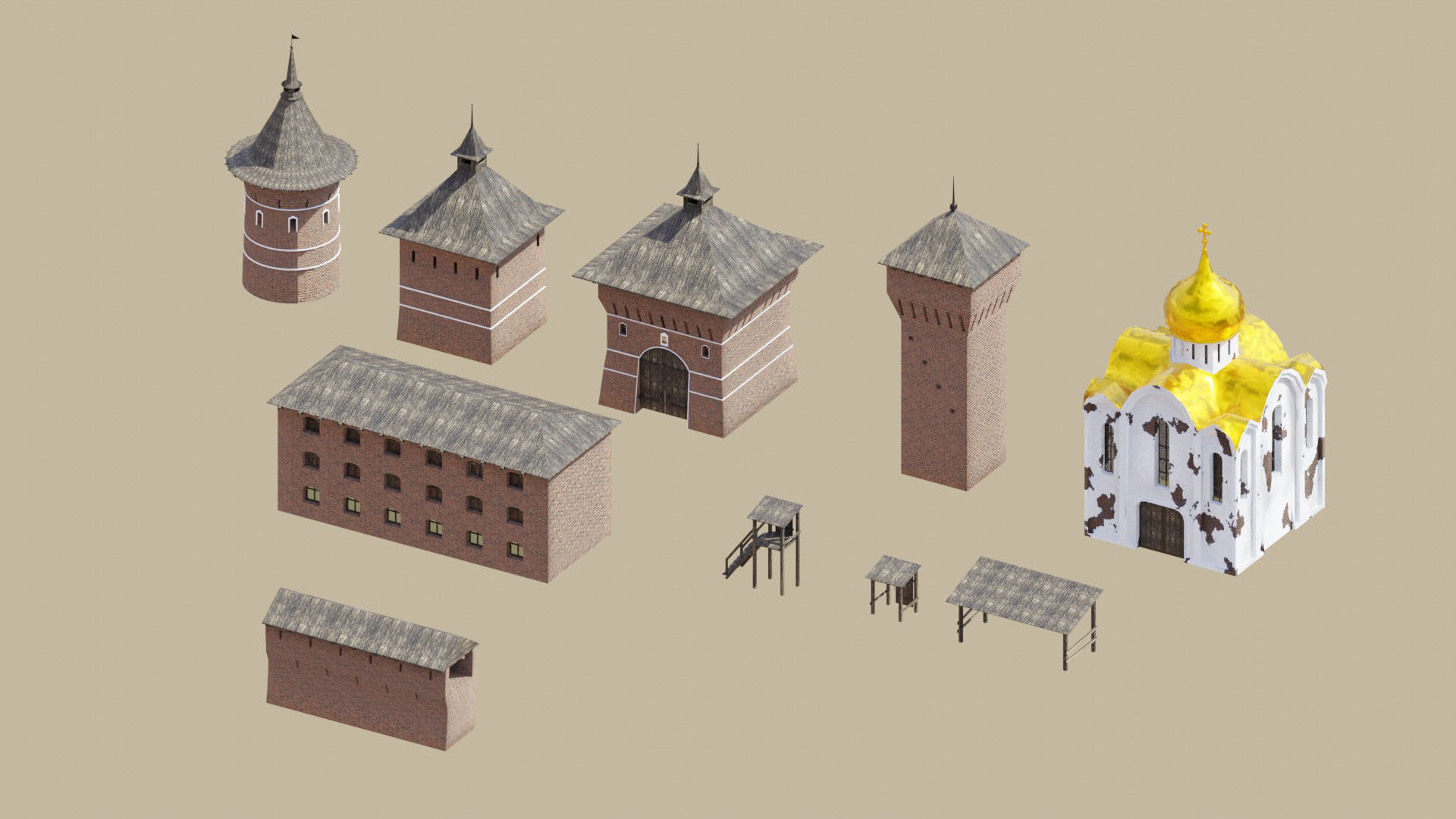 Fortress brick castle in middle of field Low-poly 3D model_11