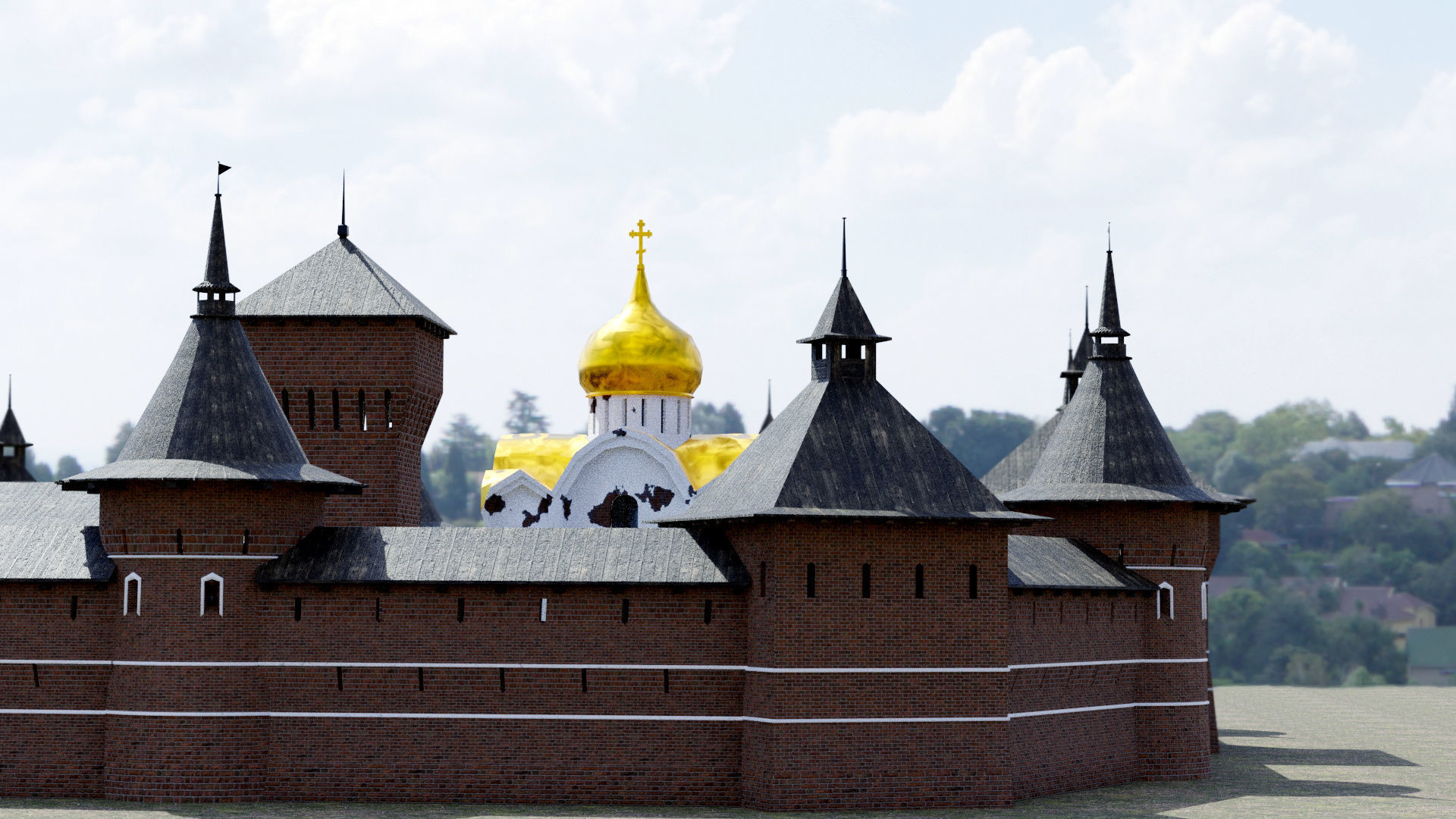 Fortress brick castle in middle of field Low-poly 3D model_8