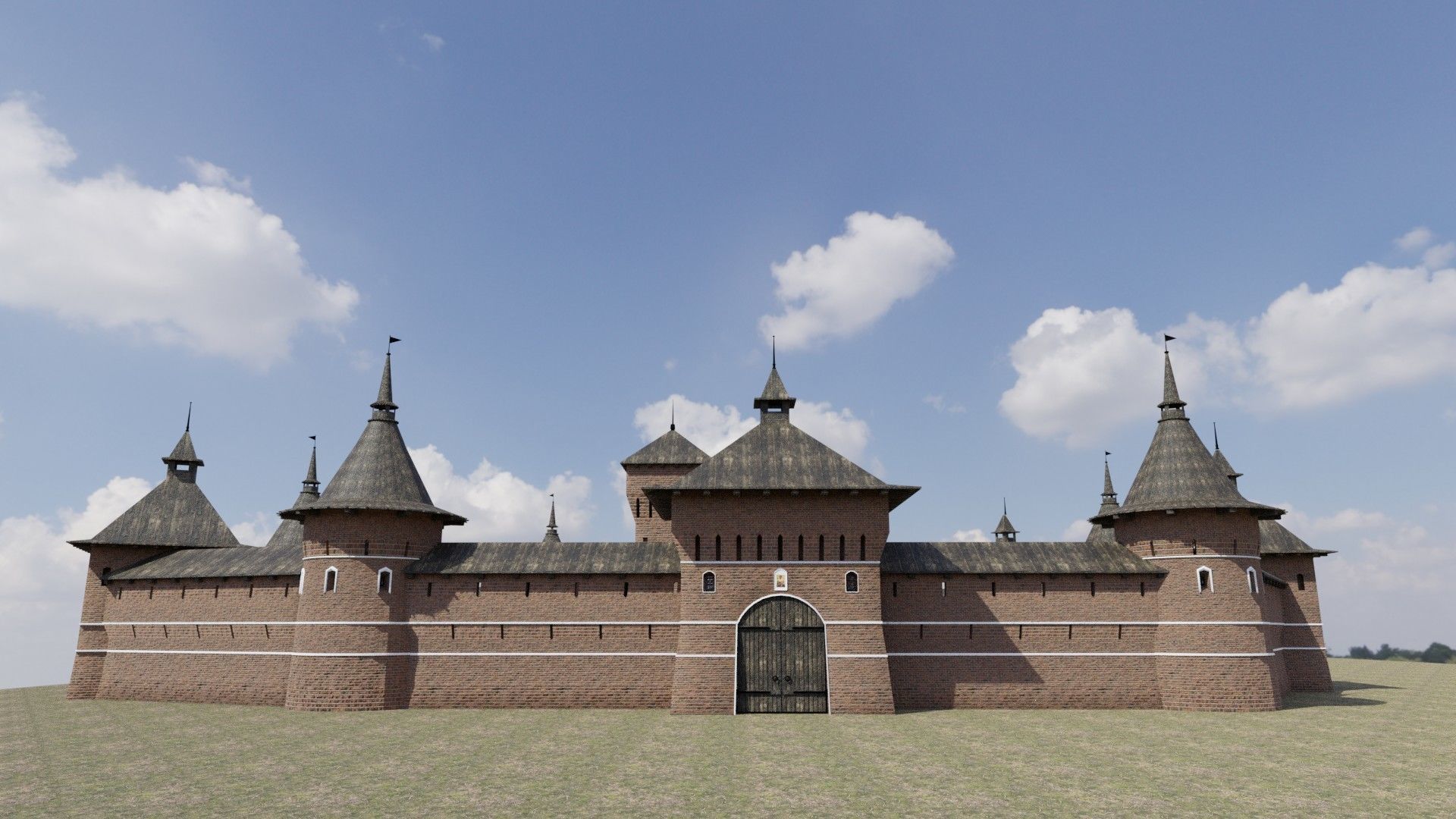 Fortress brick castle in middle of field Low-poly 3D model_6