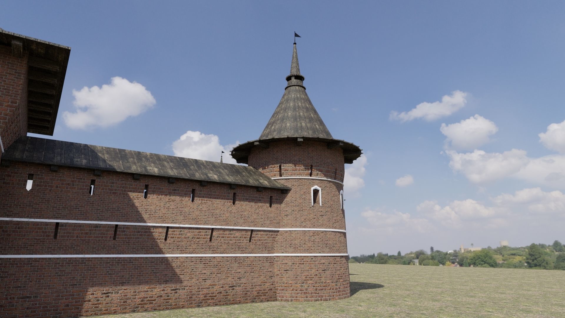 Fortress brick castle in middle of field Low-poly 3D model_2